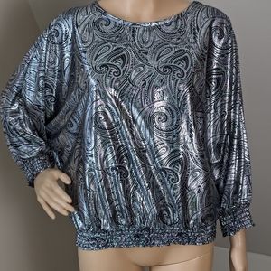 Metallic Silver and Black Paisley Batwing Blouse Medium